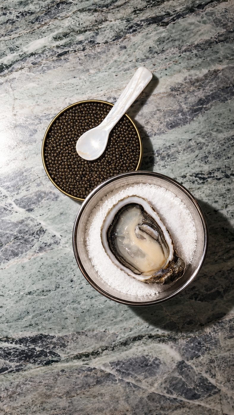 Huître et caviar dressés sur lit de sel